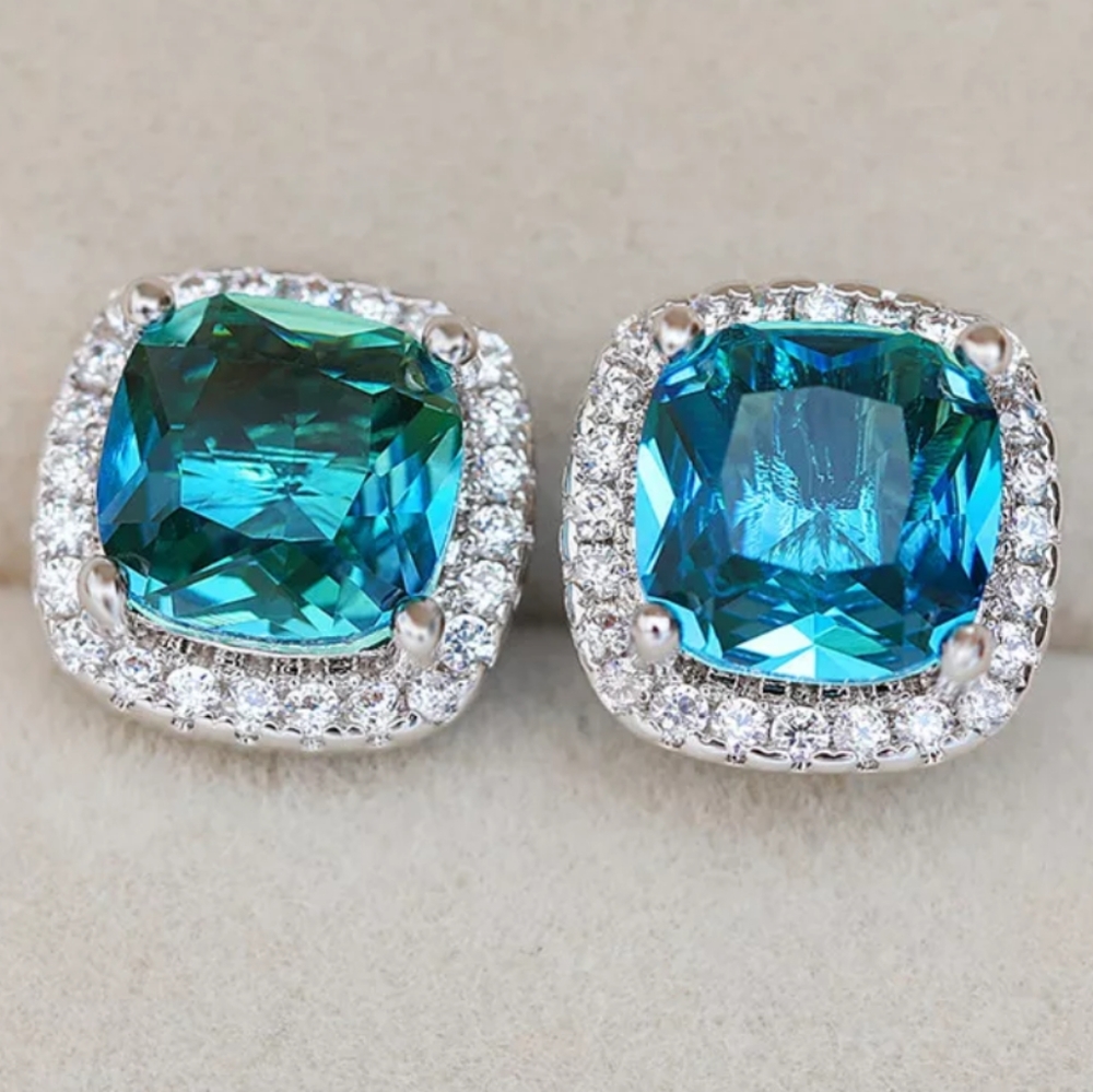 NEW 18k Blue Cushion Diamond Halo Earrings